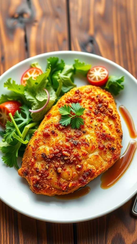 Crispy Parmesan chicken breast with salad on a rustic wooden table.